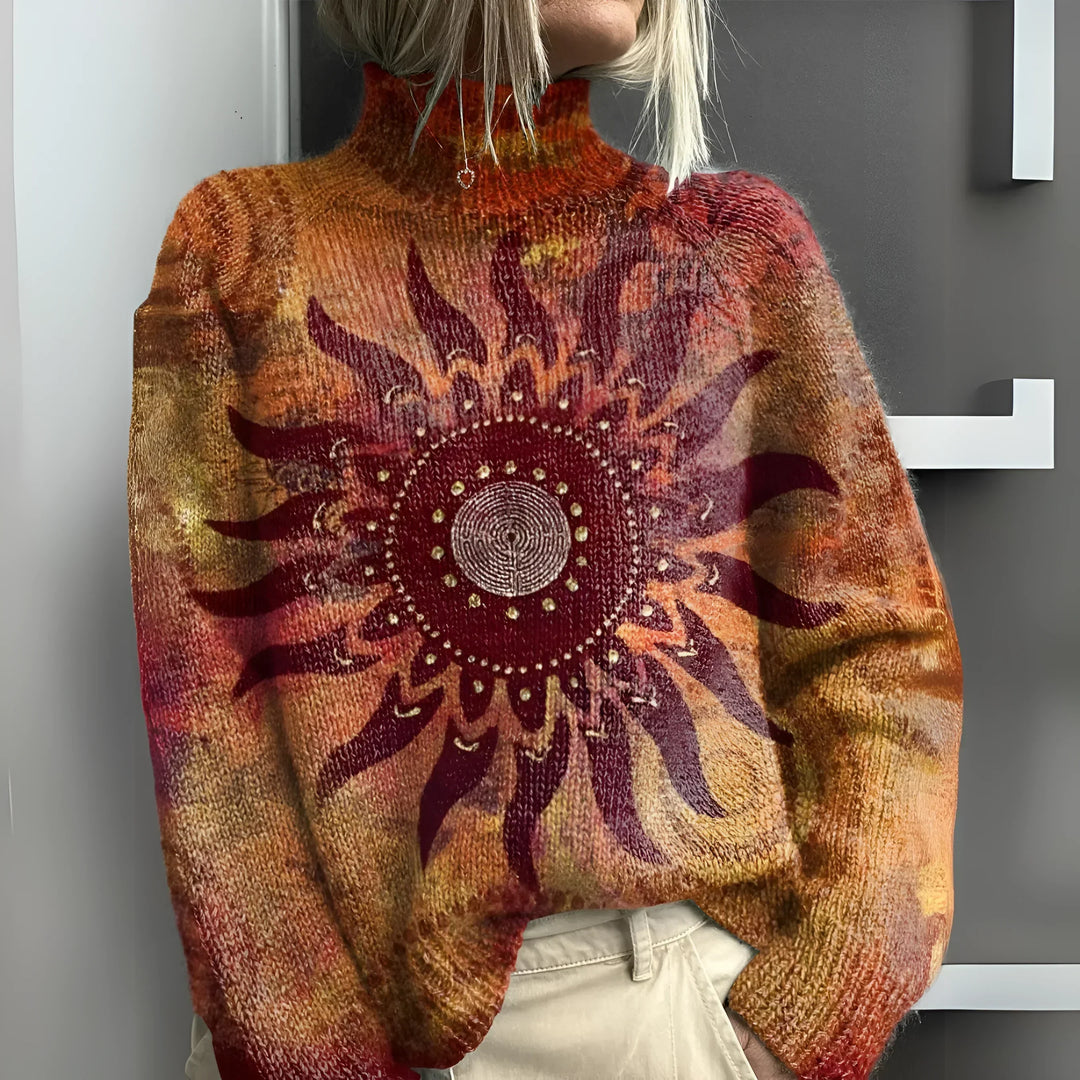 Serena | Cozy Knit Turtleneck with Tribal Sun Design