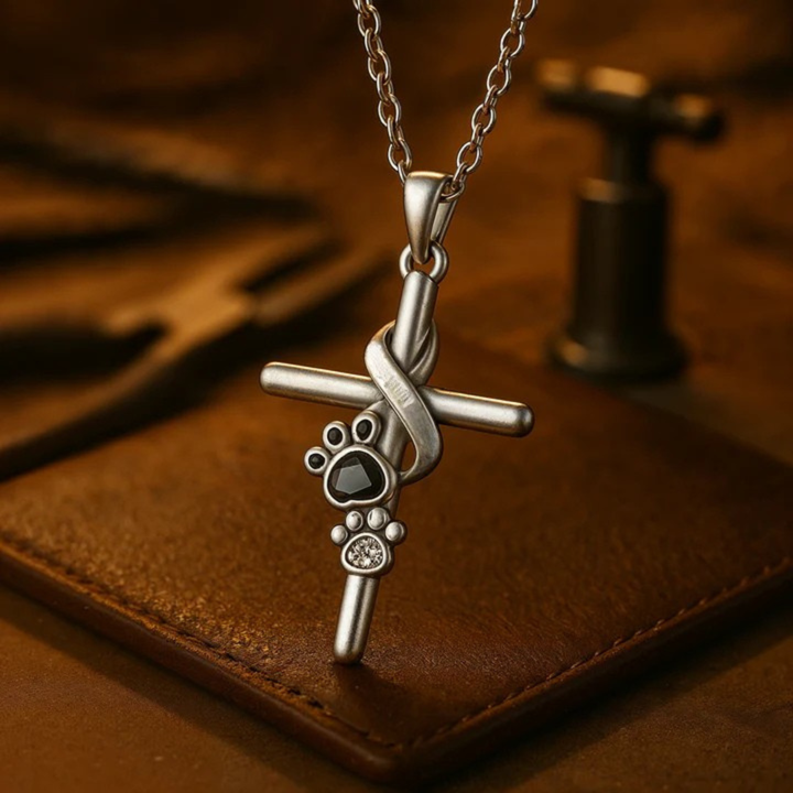 Silver paw print and cross pendant