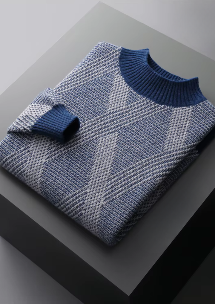 Merino Wool Refined Two-Tone Pattern Mockneck