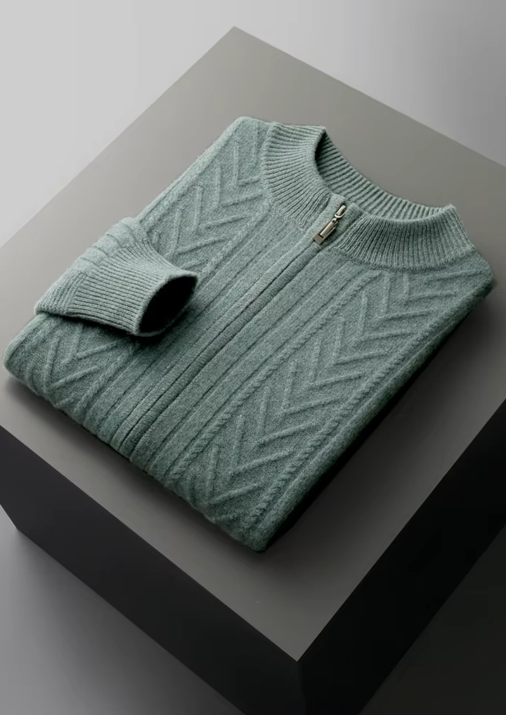 Exquisite Extra-Fine Merino Wool Patterned Zip Cardigan