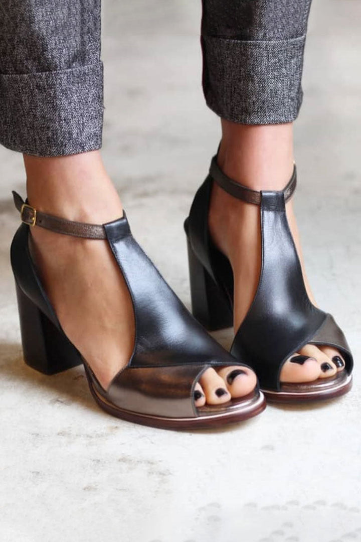 Viviana | Elegant Black Patchwork Open-Toe Heeled Sandals