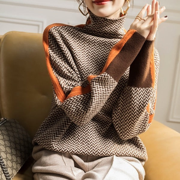 Lyra | Mottled turtleneck jumper with contrasting stripes