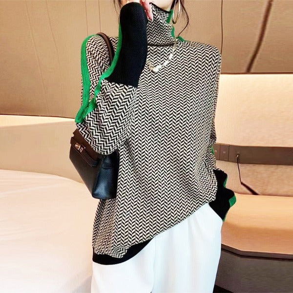 Lyra | Mottled turtleneck jumper with contrasting stripes