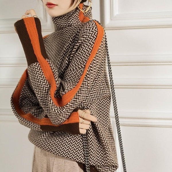 Lyra | Mottled turtleneck jumper with contrasting stripes