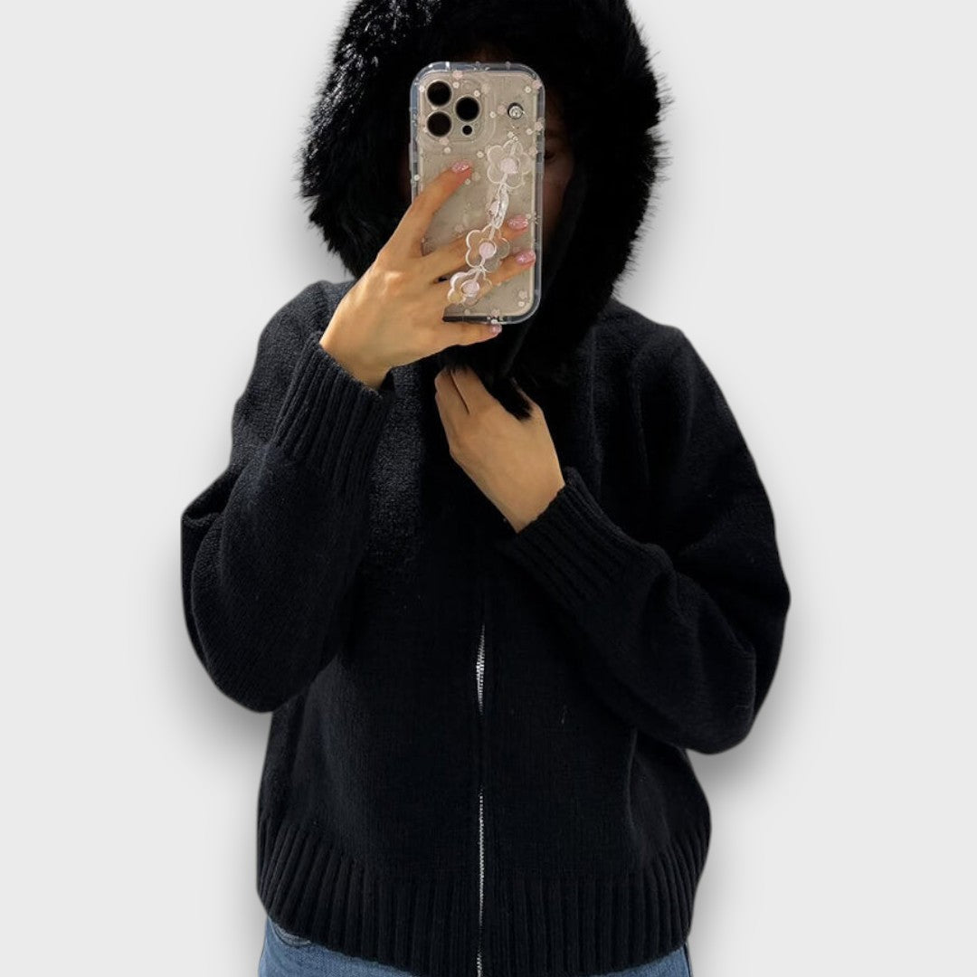 Maribelle | Knit Zip Jacket with Faux Fur Collar