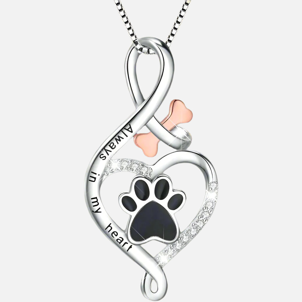 Lucky paw necklace with heart, bone, and infinity symbol
