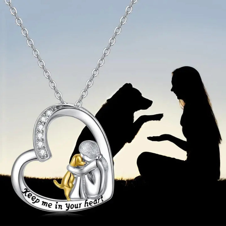 Silver heart dog necklace with zirconia stones