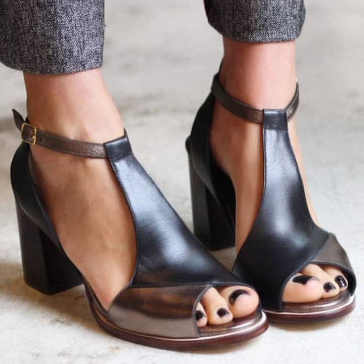 Viviana | Elegant Black Patchwork Open-Toe Heeled Sandals