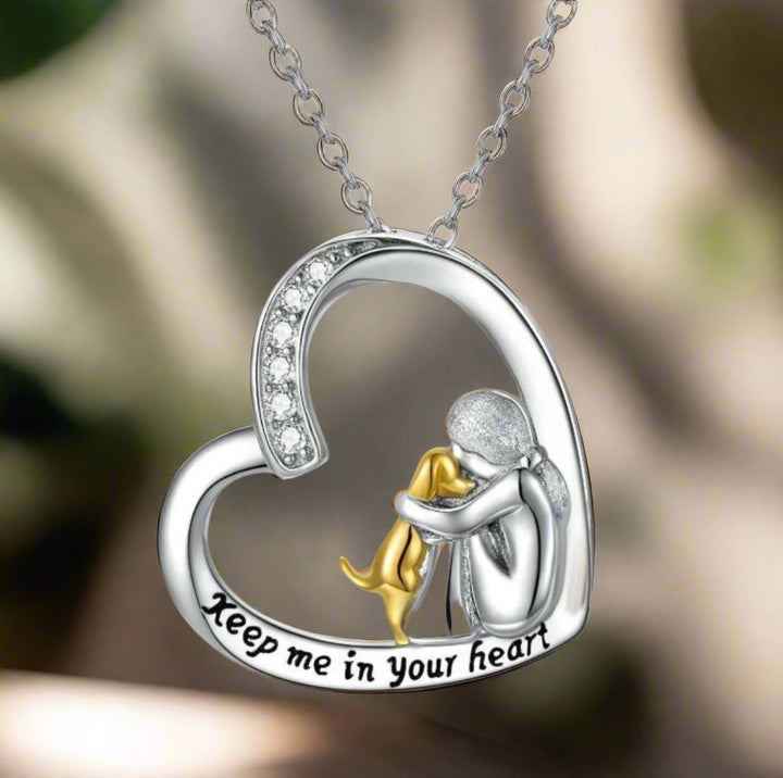 Silver heart dog necklace with zirconia stones