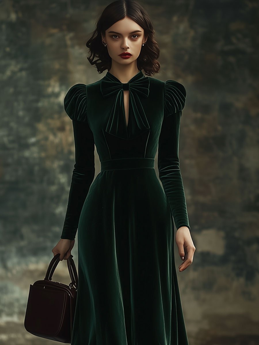 Madison | Velvet Maxi Dress High Neck with Bow Detail